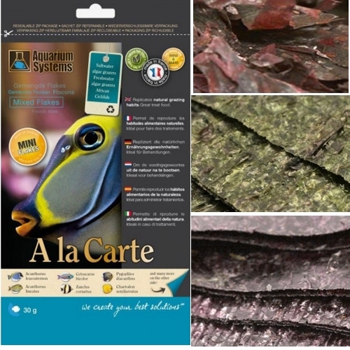 A La Carte Mixed Flakes Mini 30 Gr. - Algas naturales roja, verde y púrpura para peces de Aquarium Systems.